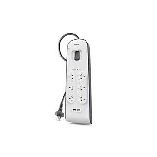 BELKIN BSV604AU2M 6 OUTLET SURGE PROTECTOR WITH 2M CORD WITH 2 USB PORTS (2.4A), 2YR WTY, $30K CEW