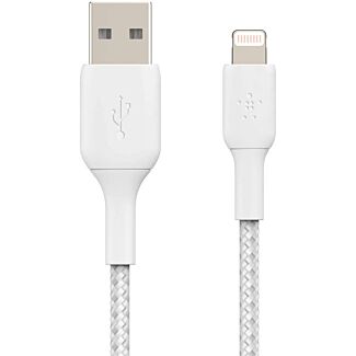 BELKIN CAA002BT1MWH 1M USB-A TO LIGHTNING CHARGE/SYNC CABLE, BRAIDED, WHITE, 2 YRS