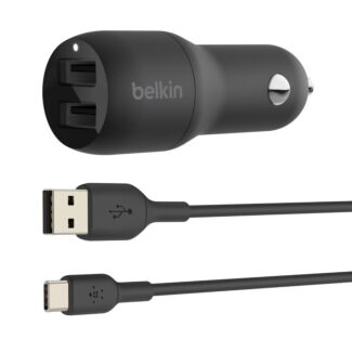 BELKIN CCE001BT1MBK 2 PORT CAR CHARGER, 12W/2.4A USB-A (2), 1M USB-A TO USB-C CABLE, 2YR WTY