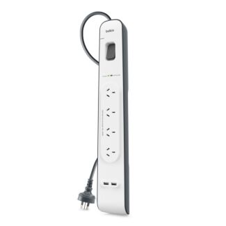 BELKIN BSV401AU2M 4 OUTLET SURGE PROTECTOR WITH 2M CORD WITH 2 USB PORTS (2.4A), 2YR WTY, $20K CEW