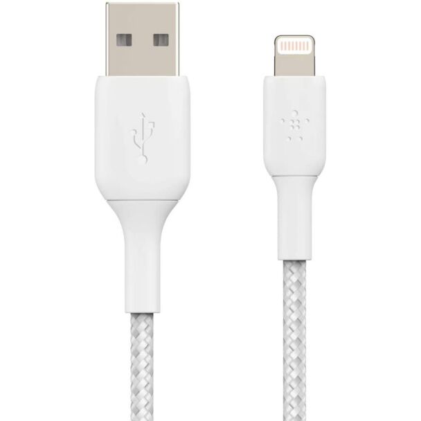 BELKIN CAA002BT1MWH 1M USB-A TO LIGHTNING CHARGE/SYNC CABLE, BRAIDED, WHITE, 2 YRS