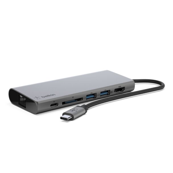 BELKIN F4U092BTSGY 4 PORT 4K USB-C HUB, USB-C(1), USB3.1(2), HDMI(1), SD, RJ45, 60W PASSTHROUGH, 2YR