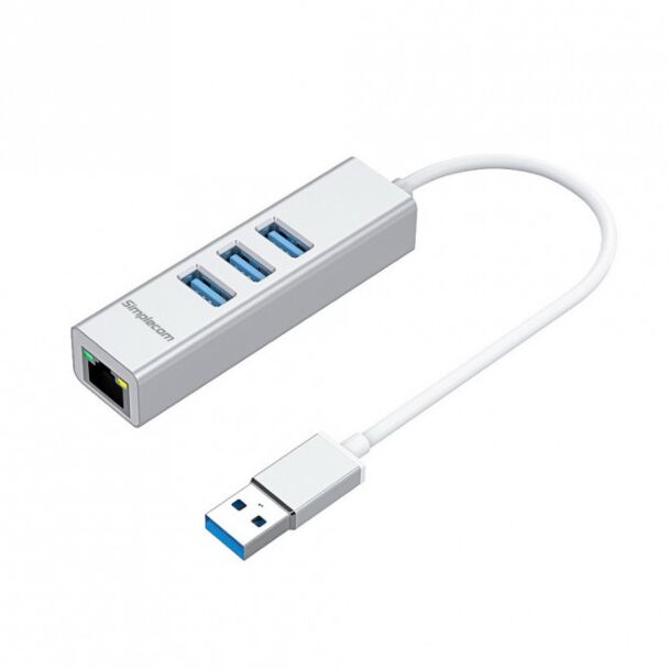 Simplecom CHN420-SILVER CHN420 Silver Aluminium 3 Port SuperSpeed USB HUB with Gigabit Ethernet Adapter