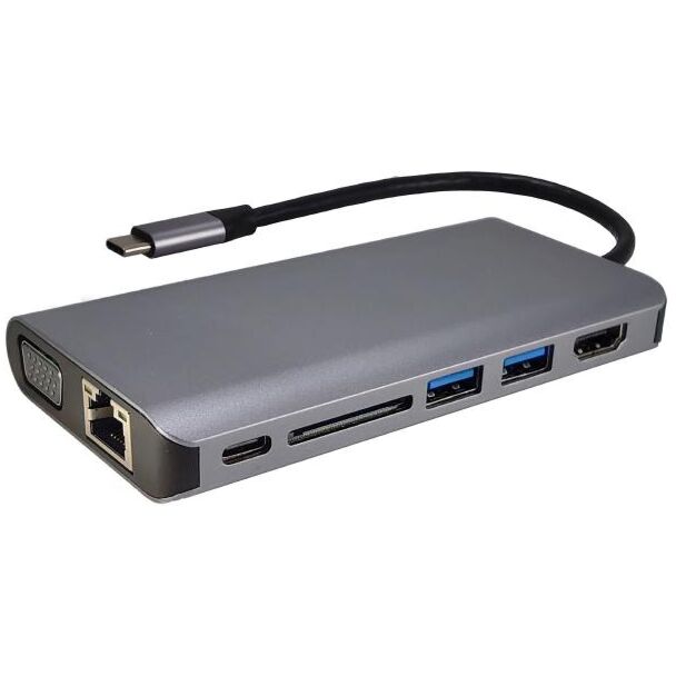 SHINTARO SH-USBCTDHUB USB-C Travel Dock (USB-C to HDMI/VGA, 2 x USB 3.0, 1 x USB-C PD3.0, SD/Micro SD card reader, RJ45 Gigabit Ethernet adapter)