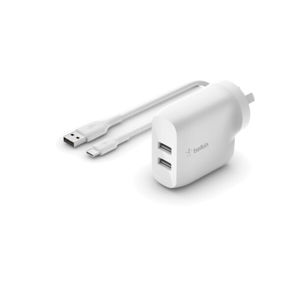 BELKIN WCE001AU1MWH 2 PORT WALL CHARGER, 12W, USB-A (2), BOOST CHARGE, WHITE, INCLUDE USB-A TO C CABLE,