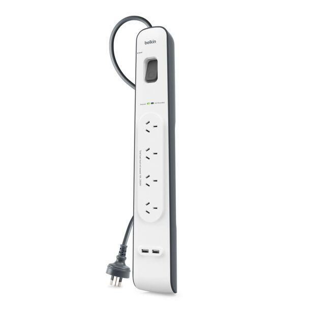 BELKIN BSV401AU2M 4 OUTLET SURGE PROTECTOR WITH 2M CORD WITH 2 USB PORTS (2.4A), 2YR WTY, $20K CEW