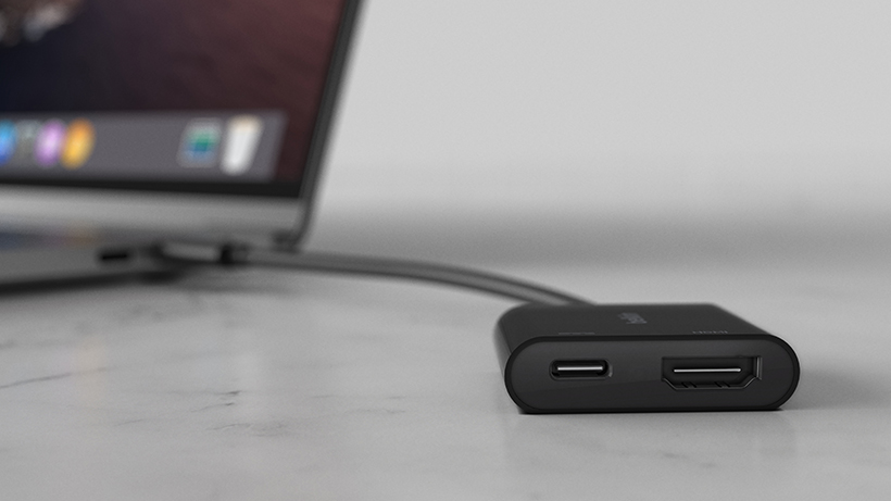 Belkin USB-C to HDMI + Charge Adapter connected to a laptop