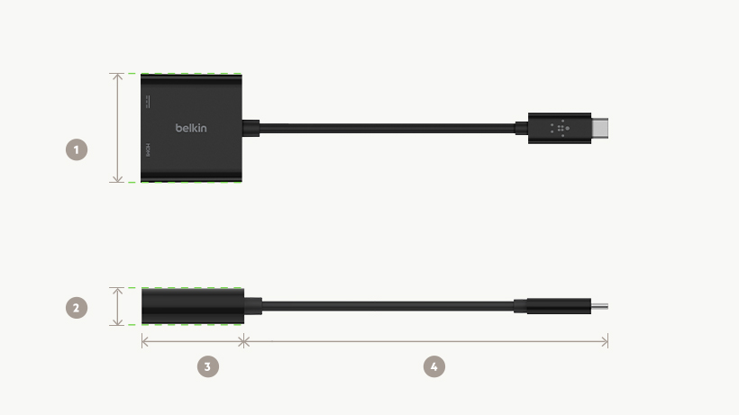 Belkin USB-C to HDMI + Charge Adapter dimensions diagram