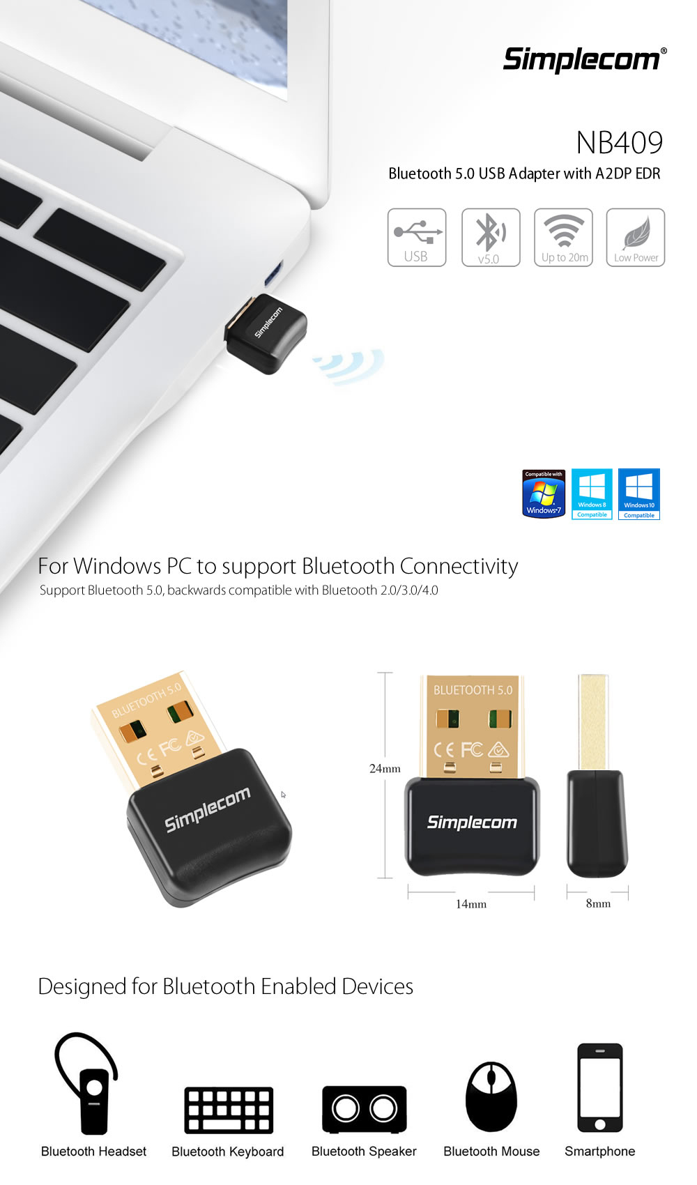 Simplecom NB409 USB Bluetooth 5.0 Wireless Dongle