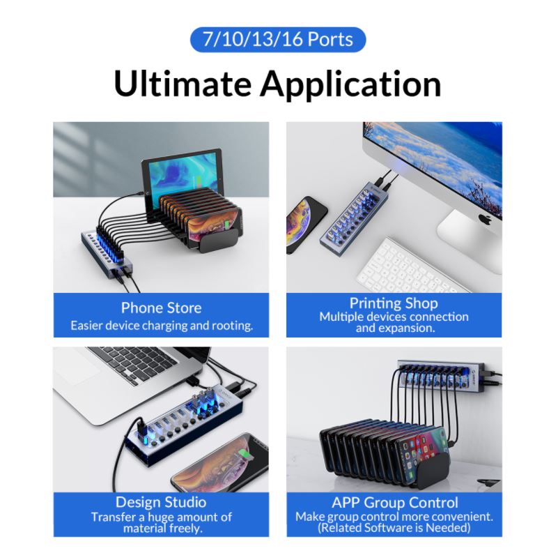 Phone Store - Easier device charging and rooting | Printing Shop - Multiple devices connection and expansion | Design Studio - Transfer a huge amount of material freely. | APP group control - Make group control more convenient (Related software is needed)