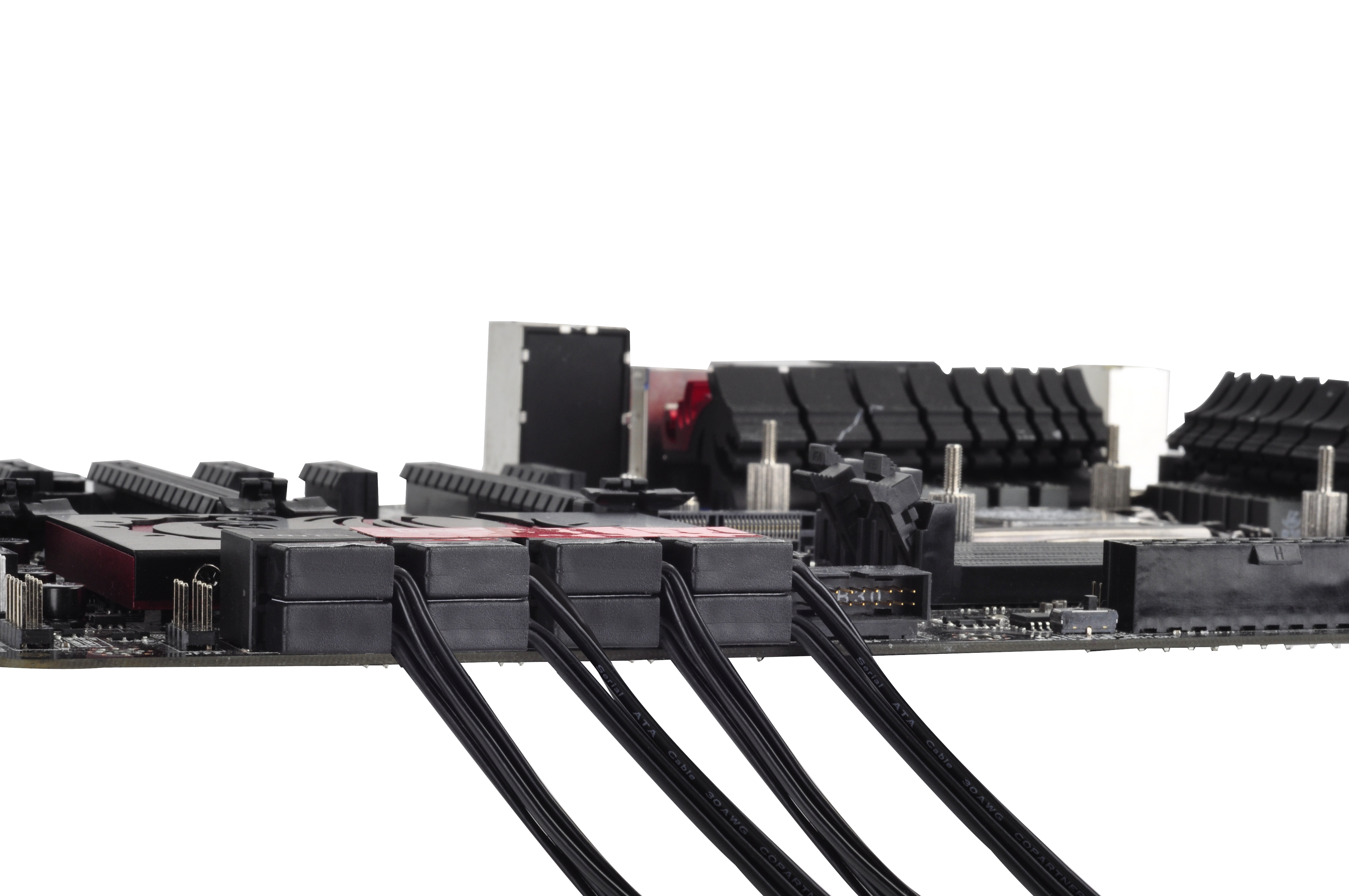 SATA cables connected to side of motherboard